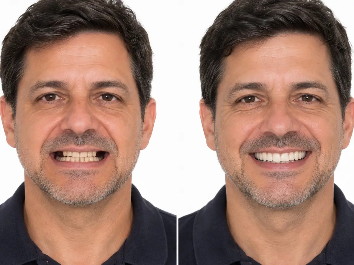 Ilustração gerada digitalmente do caso de Carlos A. — implantes unitários e enxerto