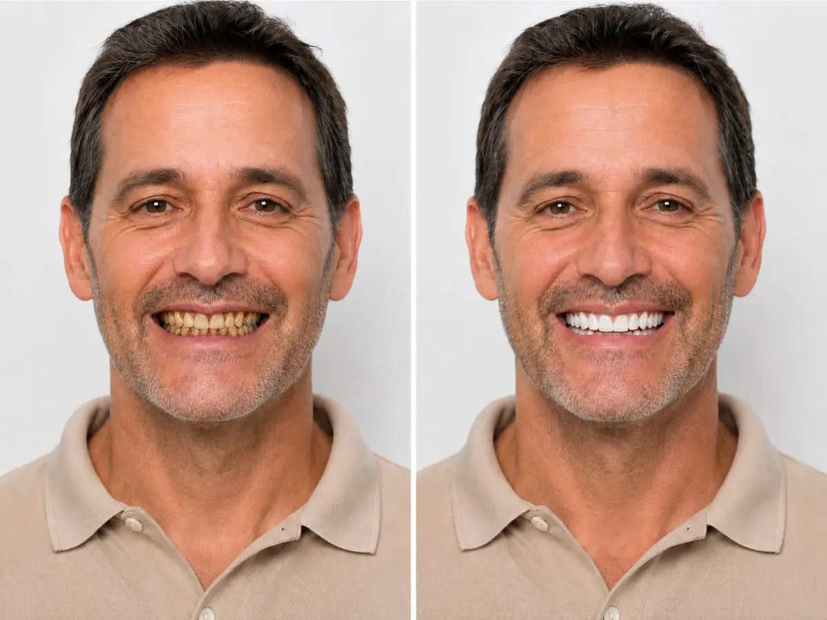 Ilustração gerada digitalmente do caso de Juliano T. — reabilitação estética anterior