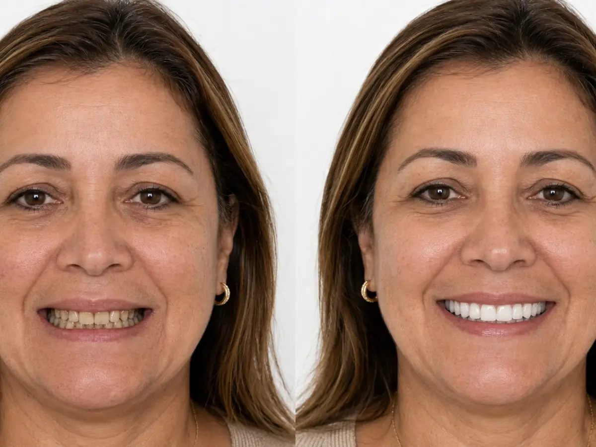 Ilustração gerada digitalmente do caso de Regina M. — reabilitação total superior